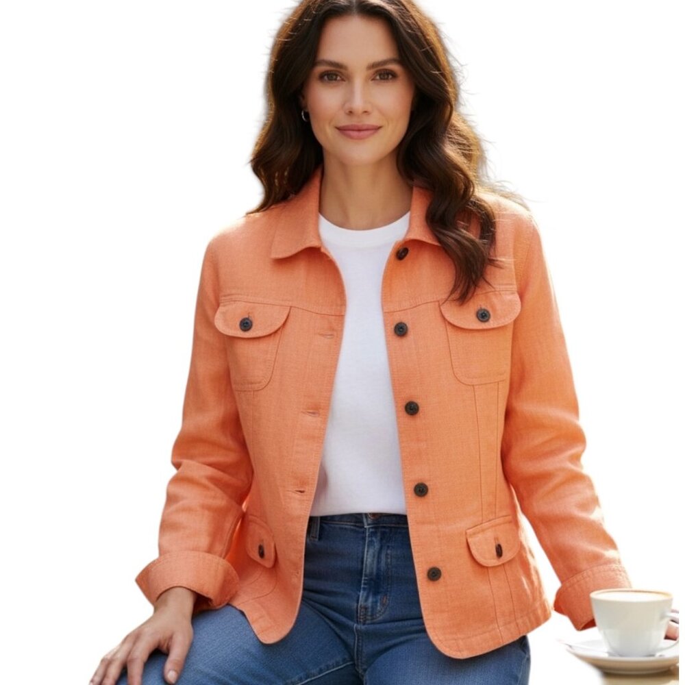 J Jill Peach Linen Trucker Inspired Button Up Jacket